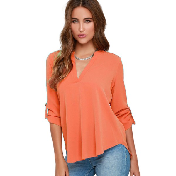 Orange V Neck Loose Fitting Chiffon Blouse