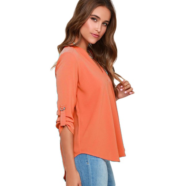 Orange V Neck Loose Fitting Chiffon Blouse