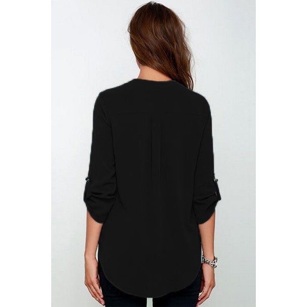 Black V Neck Loose Fitting Chiffon Blouse