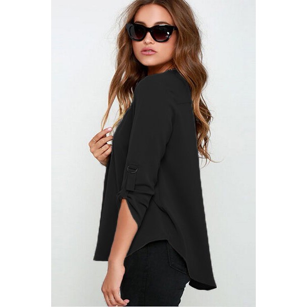 Black V Neck Loose Fitting Chiffon Blouse