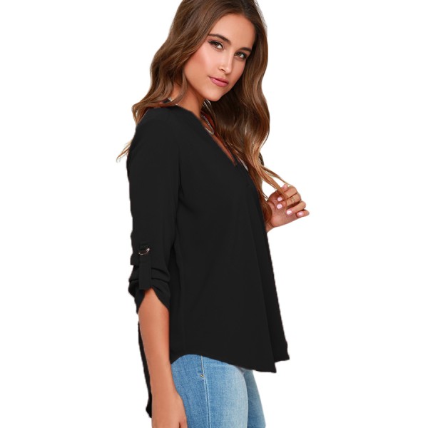 Black V Neck Loose Fitting Chiffon Blouse