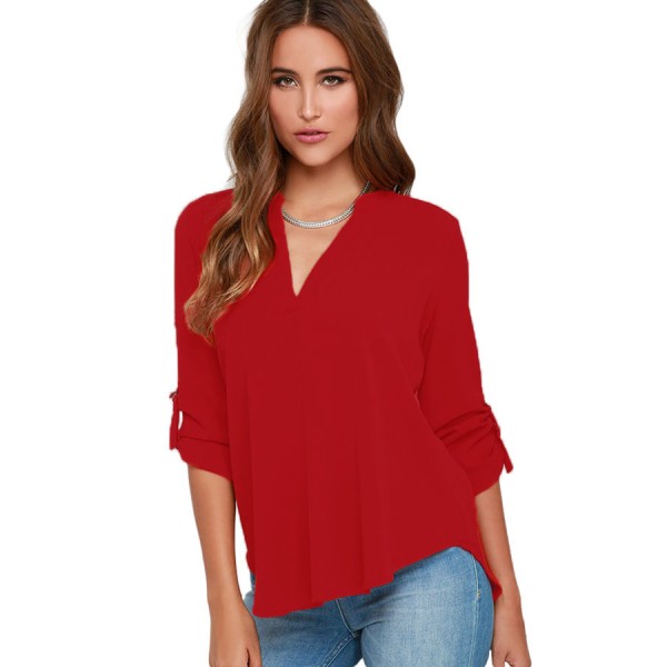 Wine V Neck Loose Fitting Chiffon Blouse