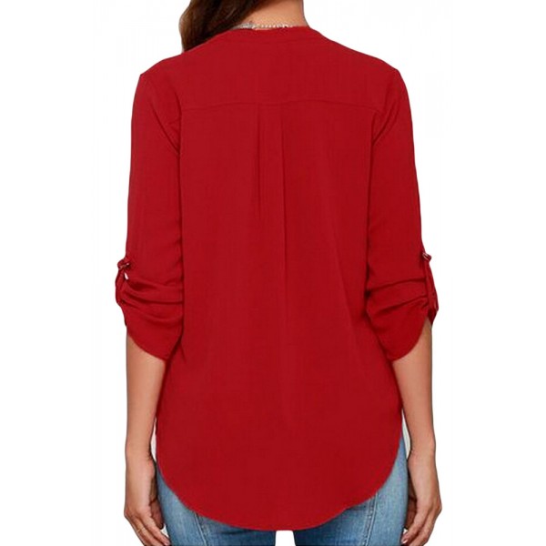 Wine V Neck Loose Fitting Chiffon Blouse