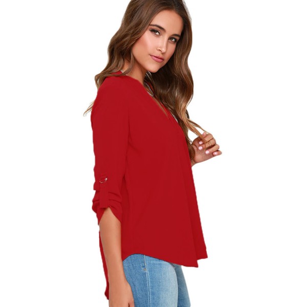 Wine V Neck Loose Fitting Chiffon Blouse