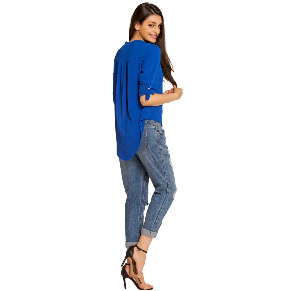 Royal Blue V Neck Loose Fitting Chiffon Blouse