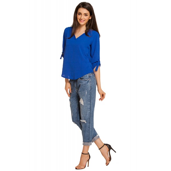 Royal Blue V Neck Loose Fitting Chiffon Blouse