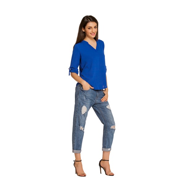 Royal Blue V Neck Loose Fitting Chiffon Blouse