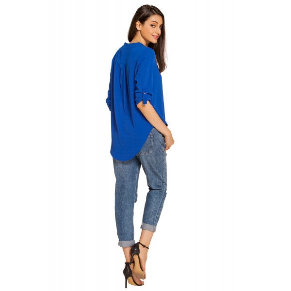 Royal Blue V Neck Loose Fitting Chiffon Blouse