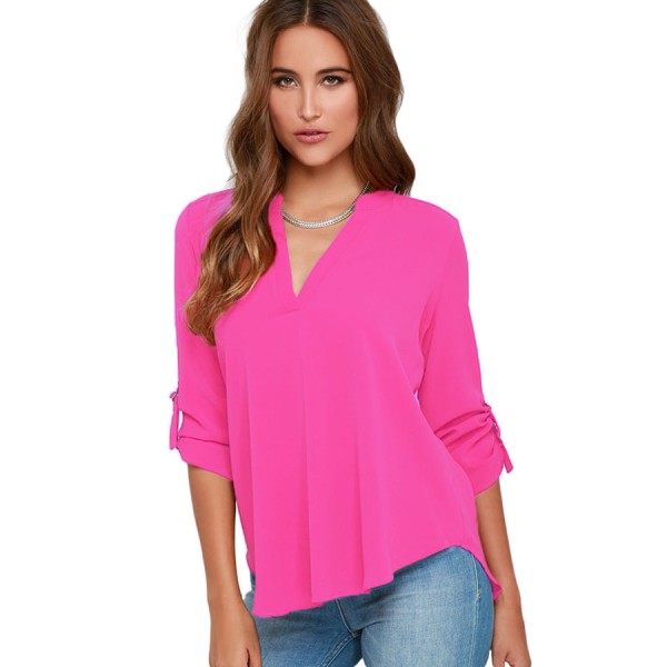 Rosy V Neck Loose Fitting Chiffon Blouse