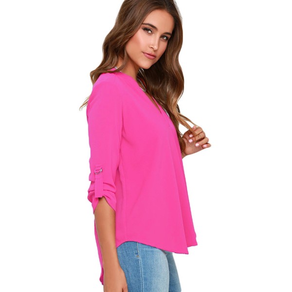Rosy V Neck Loose Fitting Chiffon Blouse