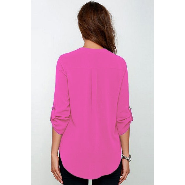 Rosy V Neck Loose Fitting Chiffon Blouse