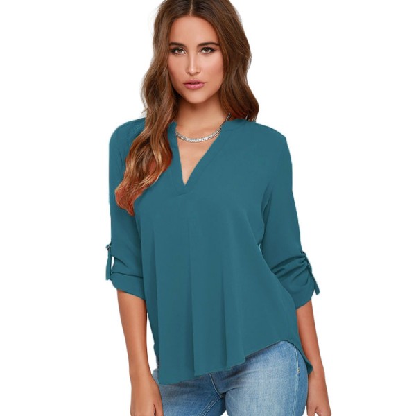 Lake Green V Neck Loose Fitting Chiffon Blouse