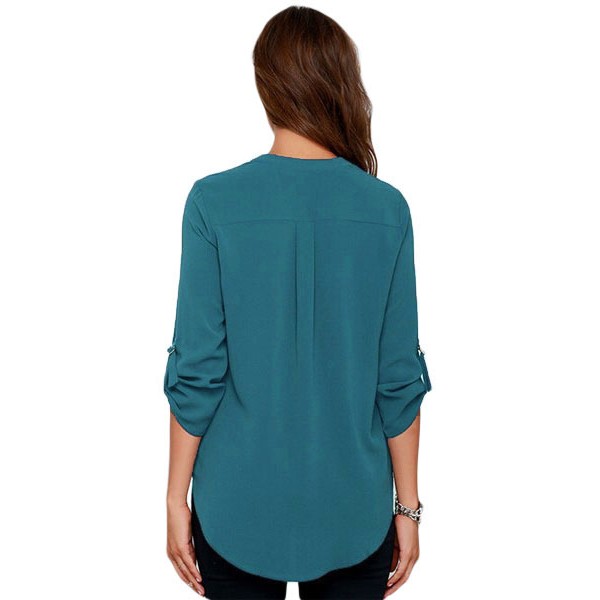 Lake Green V Neck Loose Fitting Chiffon Blouse