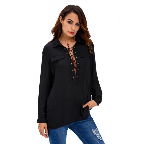 Black Long Sleeve Lace-up Top