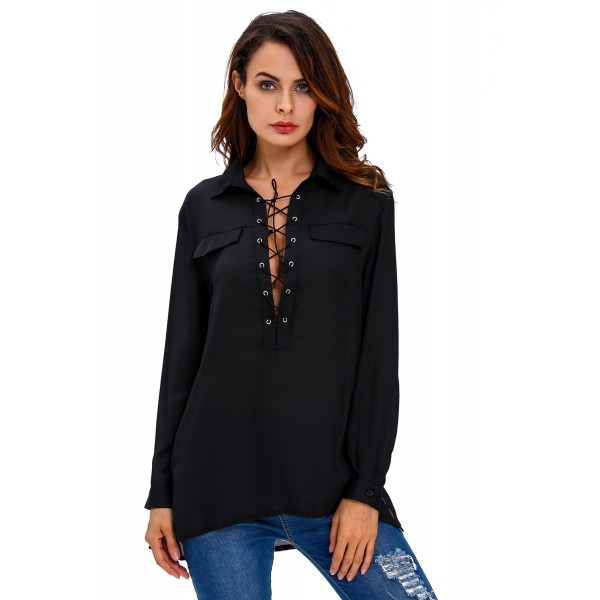 Black Long Sleeve Lace-up Top