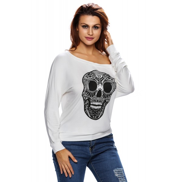 Skull Print Off Neck White Long Sleeve T-shirt