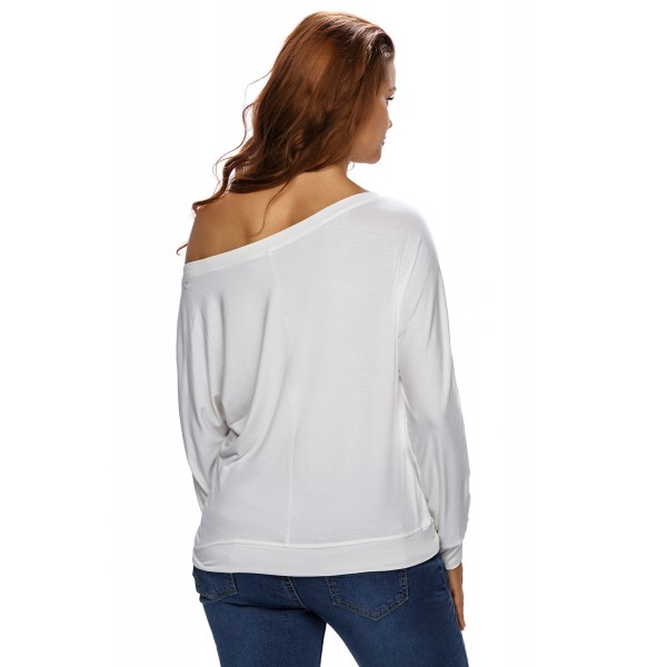 Skull Print Off Neck White Long Sleeve T-shirt