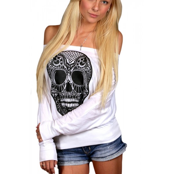 Skull Print Off Neck White Long Sleeve T-shirt