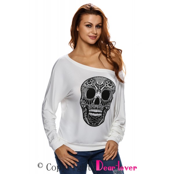 Skull Print Off Neck White Long Sleeve T-shirt
