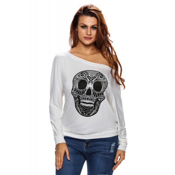 Skull Print Off Neck White Long Sleeve T-shirt
