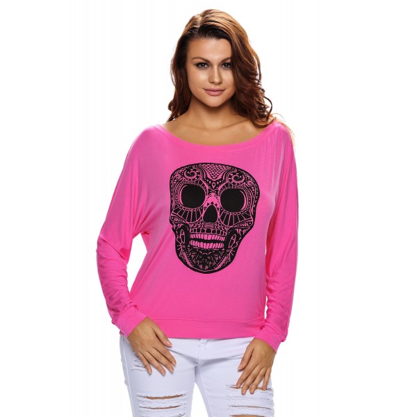 Skull Print Off Neck Pink Long Sleeve T-shirt