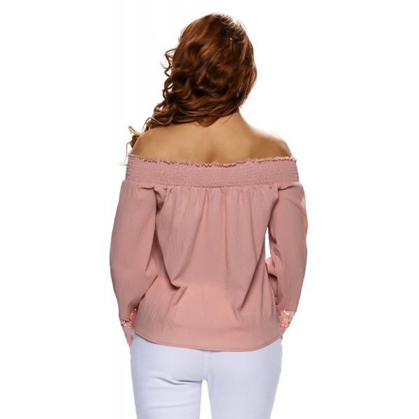 Light Orange Crochet Lace Long Sleeve Off Shoulder Top