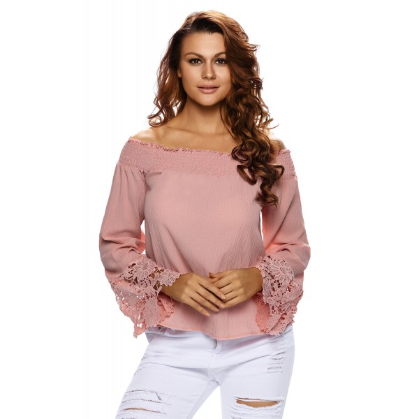 Light Orange Crochet Lace Long Sleeve Off Shoulder Top