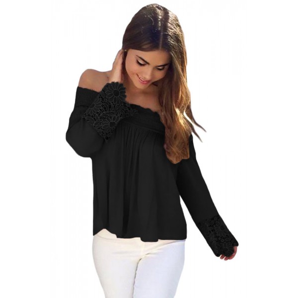 Black Crochet Lace Long Sleeve Off Shoulder Top