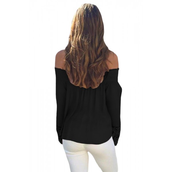 Black Crochet Lace Long Sleeve Off Shoulder Top