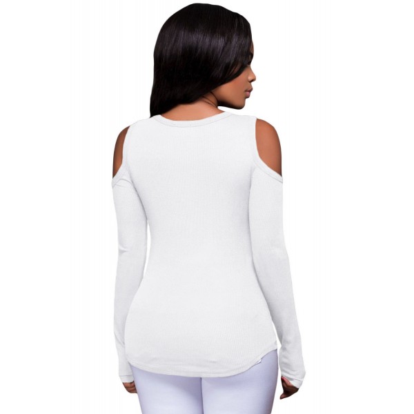 White Long Sleeve Cut-out Shoulder Ribbed Top