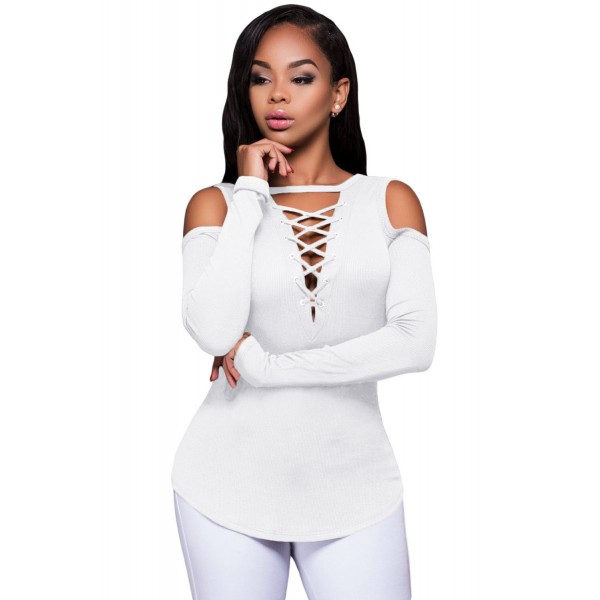 White Long Sleeve Cut-out Shoulder Ribbed Top