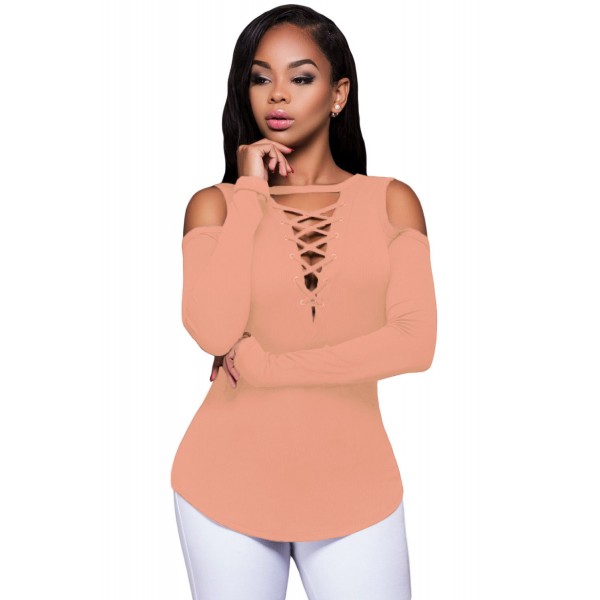 Pink Long Sleeve Cut-out Shoulder Ribbed Top