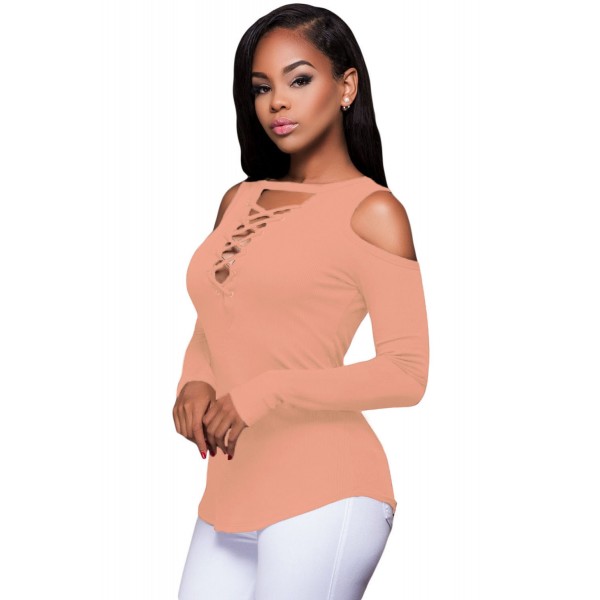 Pink Long Sleeve Cut-out Shoulder Ribbed Top