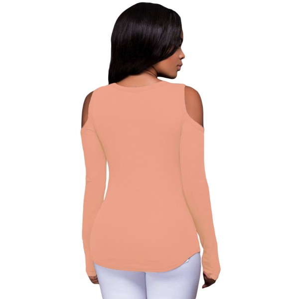 Pink Long Sleeve Cut-out Shoulder Ribbed Top