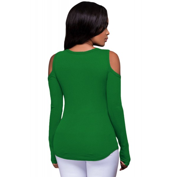 Green Long Sleeve Cut-out Shoulder Ribbed Top