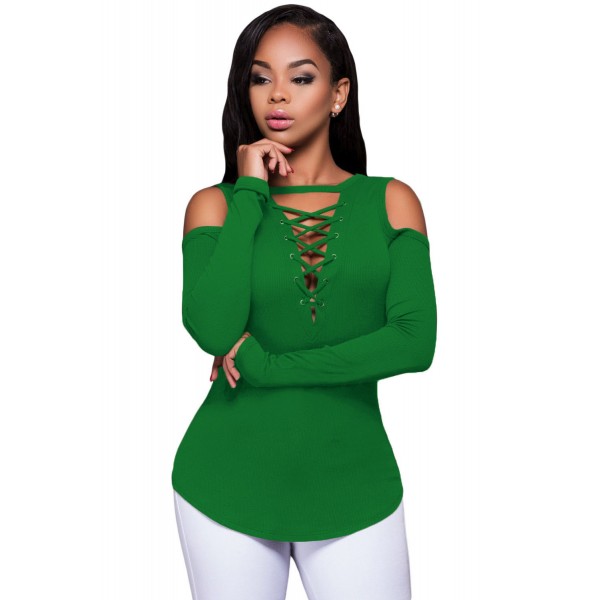 Green Long Sleeve Cut-out Shoulder Ribbed Top