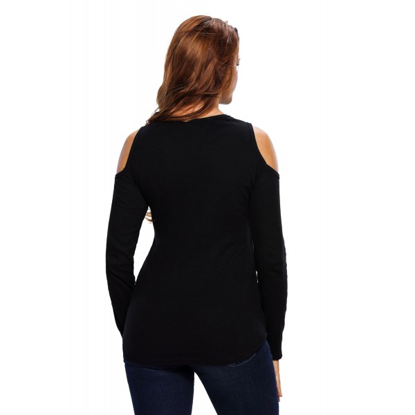 Black Long Sleeve Cut-out Shoulder Ribbed Top