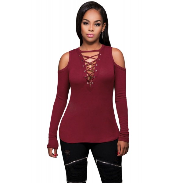 Burgundy Long Sleeve Cut-out Shoulder Ribbed Top