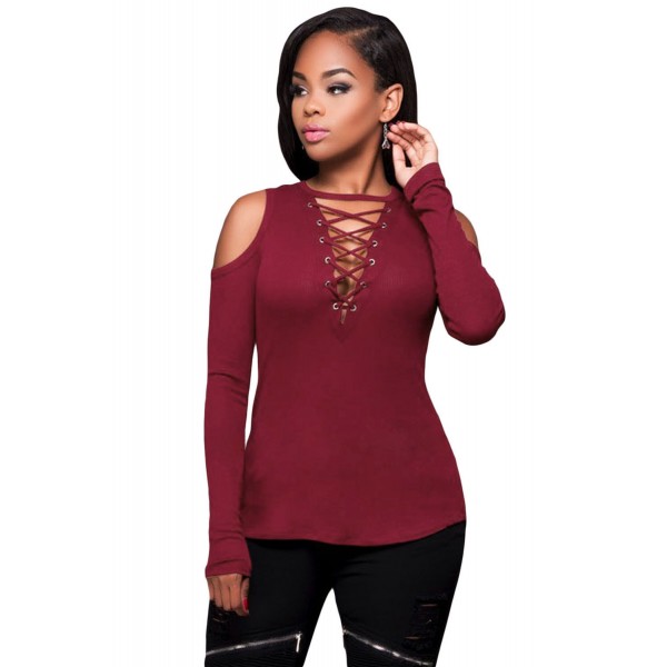 Burgundy Long Sleeve Cut-out Shoulder Ribbed Top
