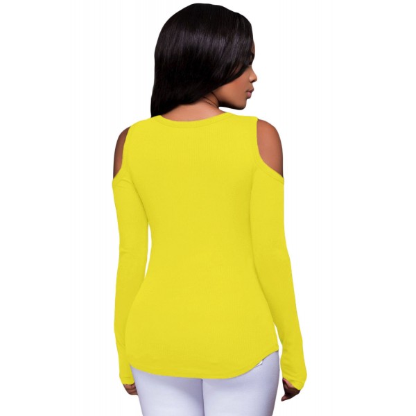 Yellow Long Sleeve Cut-out Shoulder Ribbed Top