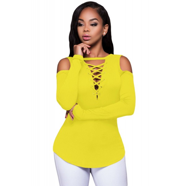 Yellow Long Sleeve Cut-out Shoulder Ribbed Top