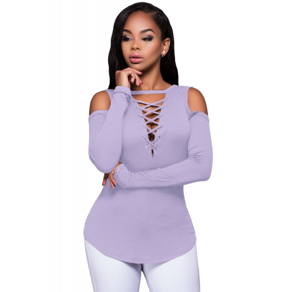 Purple Long Sleeve Cut-out Shoulder Ribbed Top