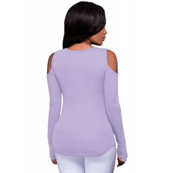 Purple Long Sleeve Cut-out Shoulder Ribbed Top