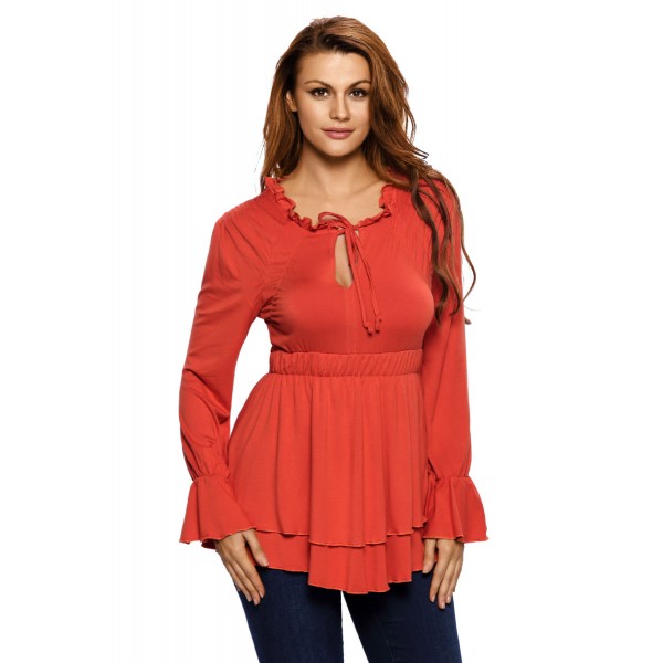 Orange Drawstring V Neck Elastic Long Sleeve Top