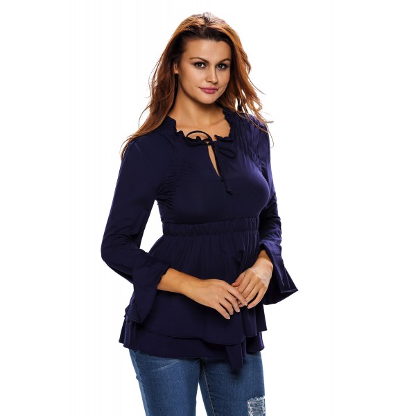 Navy Drawstring V Neck Elastic Long Sleeve Top