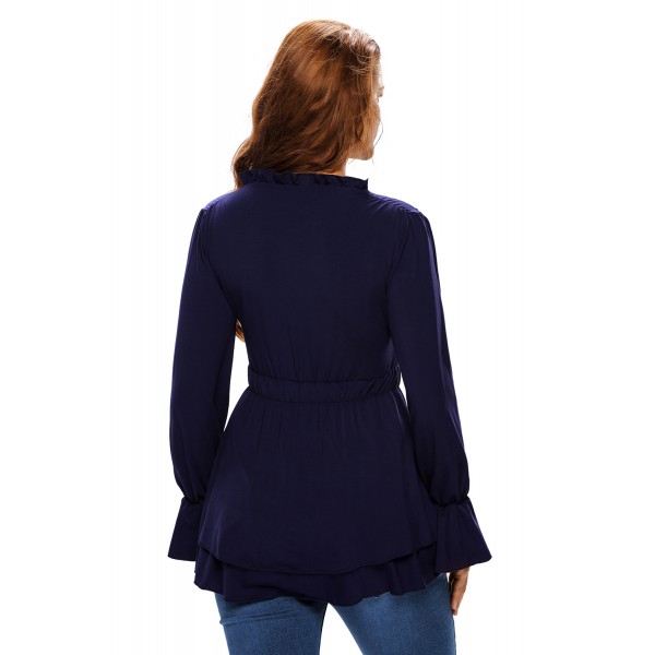 Navy Drawstring V Neck Elastic Long Sleeve Top