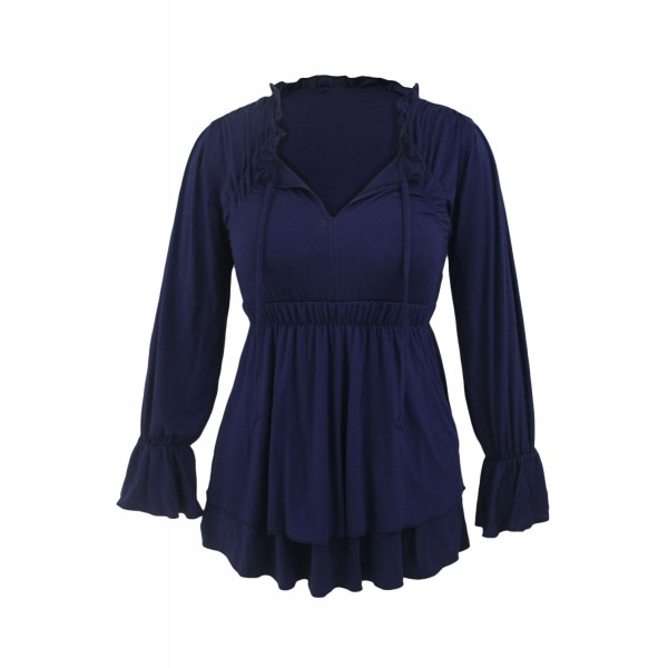 Navy Drawstring V Neck Elastic Long Sleeve Top