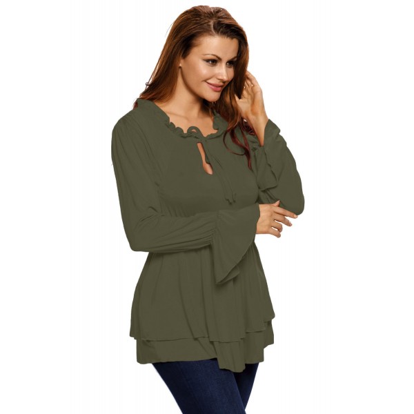 Olive Drawstring V Neck Elastic Long Sleeve Top