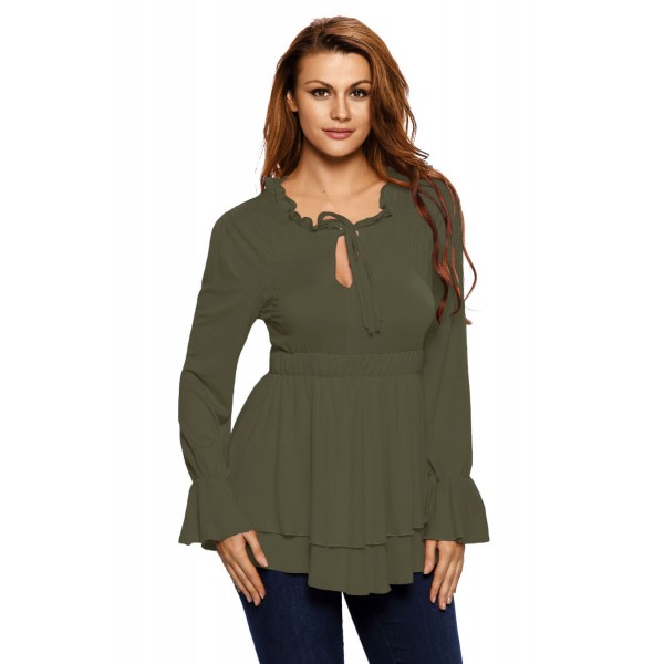 Olive Drawstring V Neck Elastic Long Sleeve Top