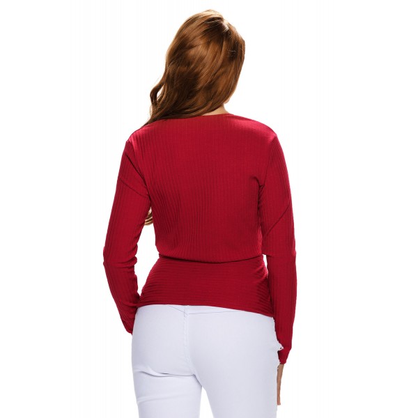 Red Sexy Crop Plunging Cross V Neck Stretch Knitwear Top